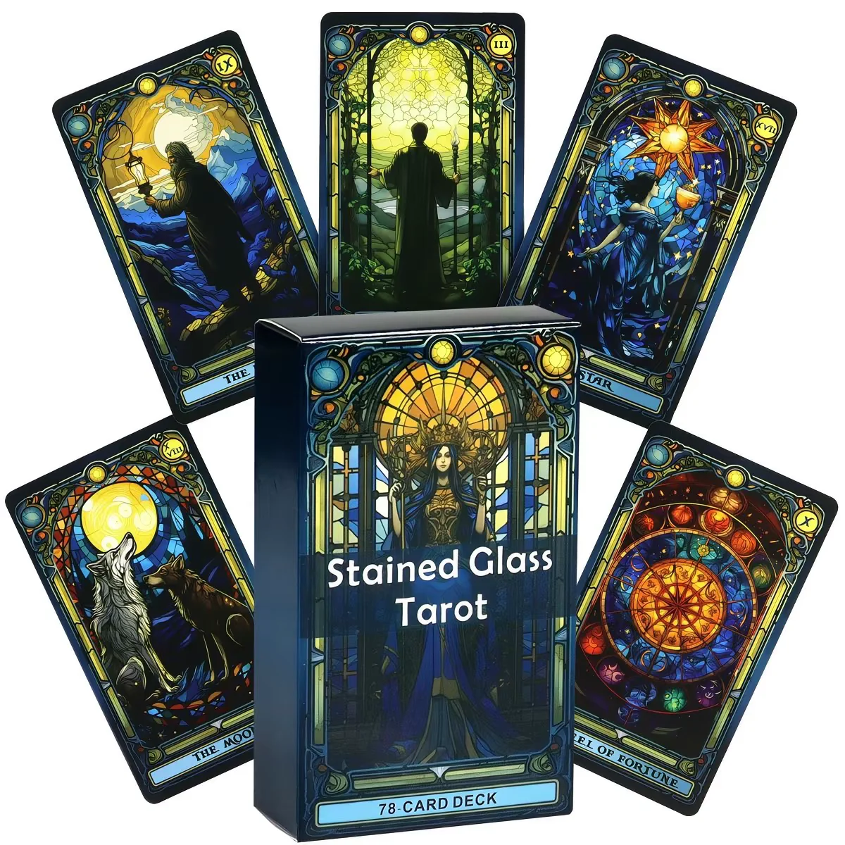 Jeu de tarot en verre teinté 78 cartes, cartes de tarot artistiques en verre teinté, version anglaise, cartes de divination vintage style fenêtre d'église