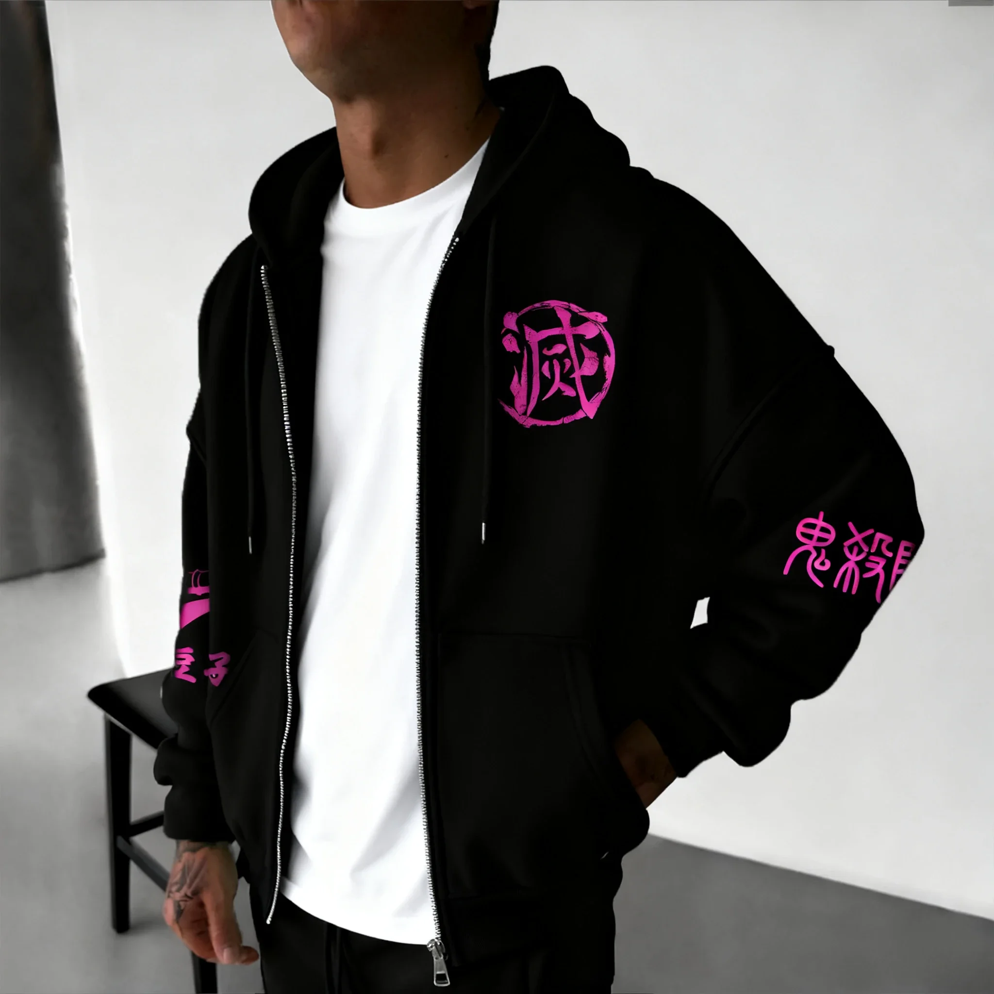 Demon Slayer Halloween Collaboration Zipper Hoodie Men's Autumn/Winter  Anime Printed American Hip Hop Casual Sports Top