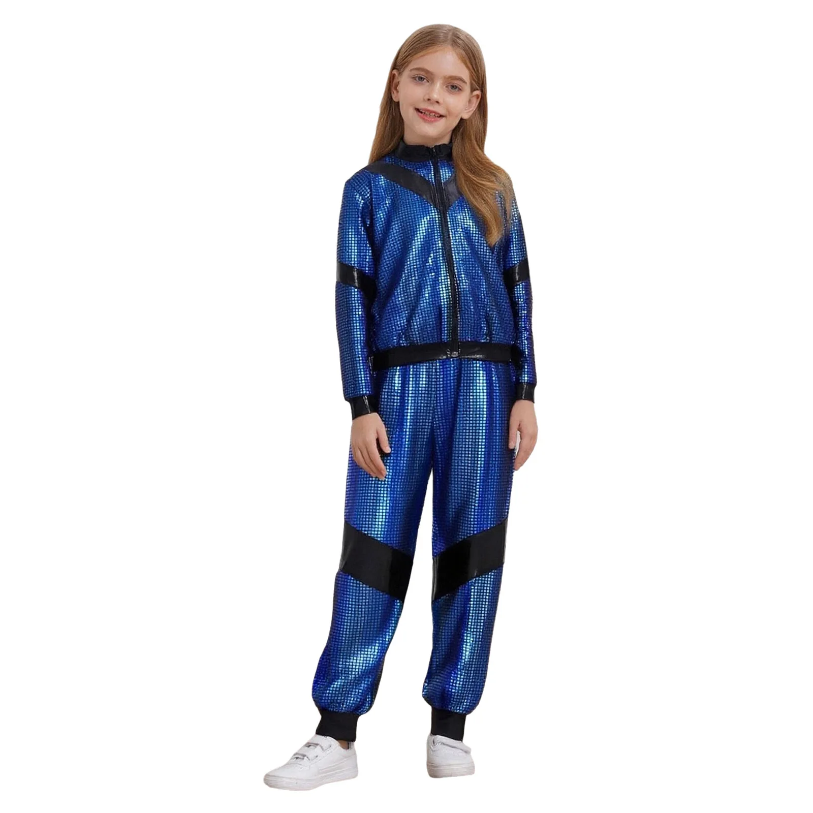 

Kids Boys Girls Hip-Hop Jazz Dance Costume 2-Piece Long Sleeve Zipper Metallic Plaid Color Block Jacket Coat+Trousers Pants Set
