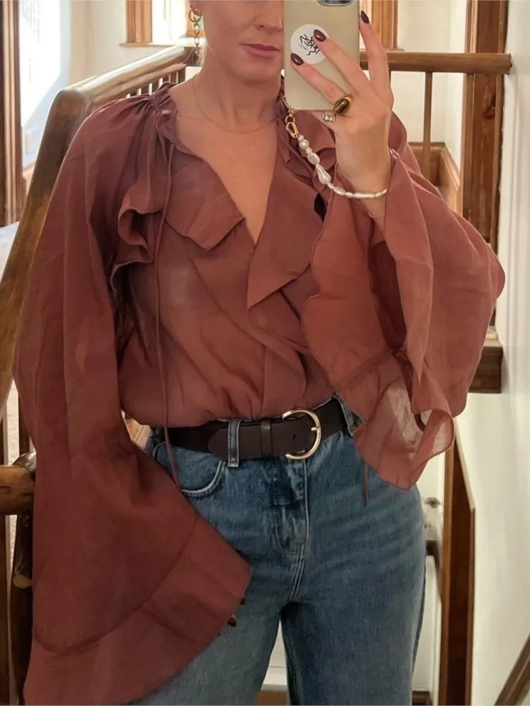 Summer New Wine Red Lace Up Ruffles Women Shirt Temperament Casual Semi-Transparent V Neck Long Sleeve Versatile Top For Women