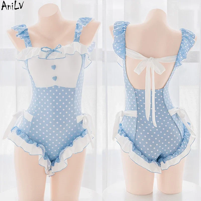 AniLV Anime Lolita Girl Cute Bodysuit Swimsuit Uniform Costumes Women Student Backless Dot Swimwear Outfit Cosplay