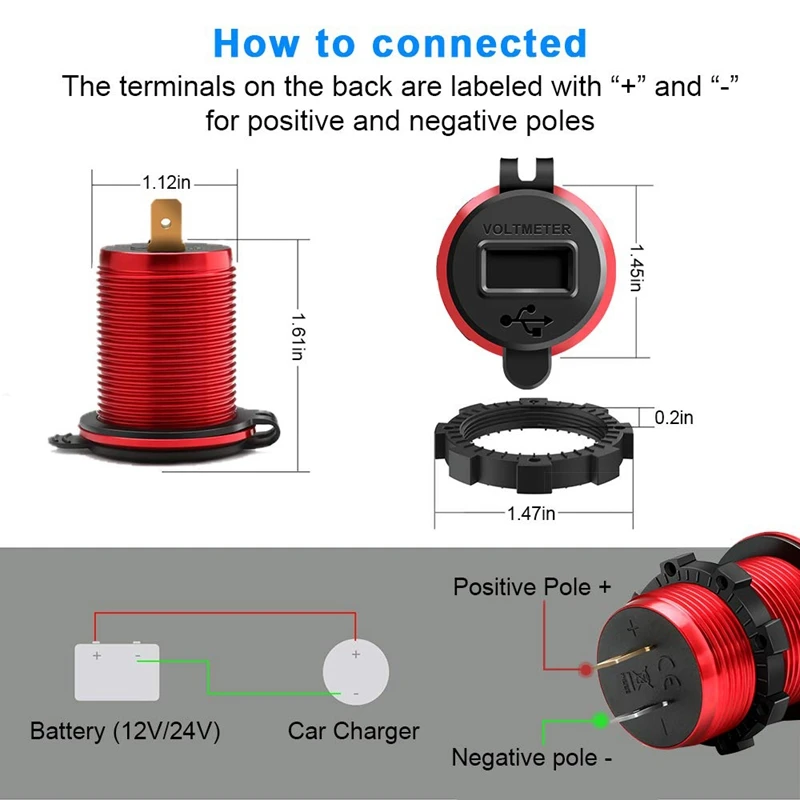 Quick Charge 3.0 USB Charger Socket, 12V/24V Dual USB Car Power Outlet Waterproof Cigarette Lighter With LED Voltmeter