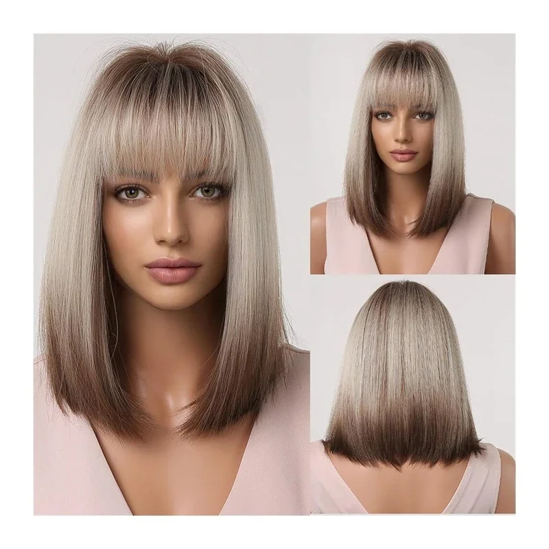 Natural Hair Synthetic Short Straight Wig Highlight Brown Blonde Ombre Bob Wigs For Women Cosplay Wig With Bangs For Daily Party