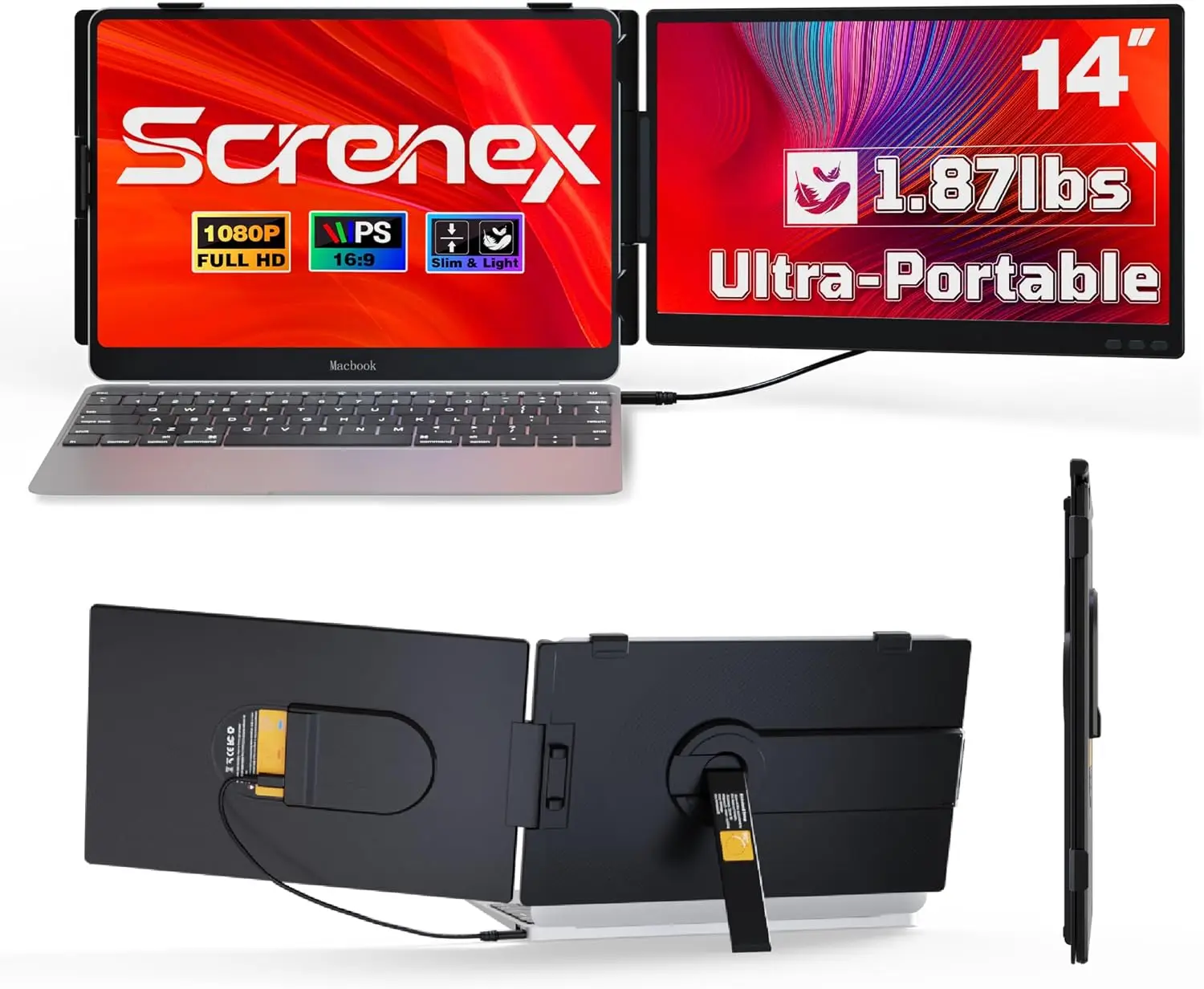 

Ультратонкий 14-дюймовый портативный монитор FHD, USB-C/HDMI, Plug & Play для ноутбуков, совместим с Windows/Mac