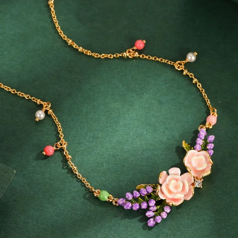 

New arrival hand-painted enamel pink flower purple lavender boho style necklace women's rose flower clavicle chain simple studen