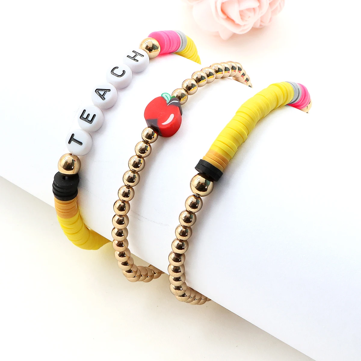 Clay beads pencil design TEACH latter stretch teacher gift bracelet set