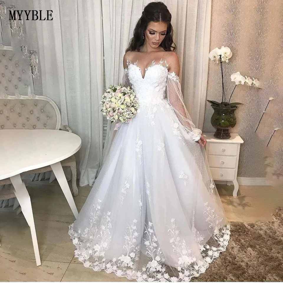 Plus Size Trouwjurk Lange Mouw Kant Applicaties Custom Made Voor Vrouwen Wit Tulle Robe De Mariee A-lijn Charmante Bridal gown