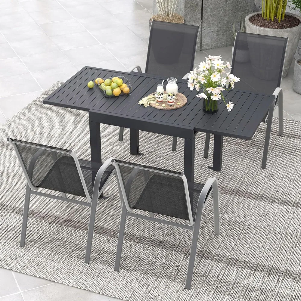 

5 Piece Patio Dining Set for 4, Patio Furniture Set with Extendable Aluminum Table & 4 Metal Stackable Chairs, Customized