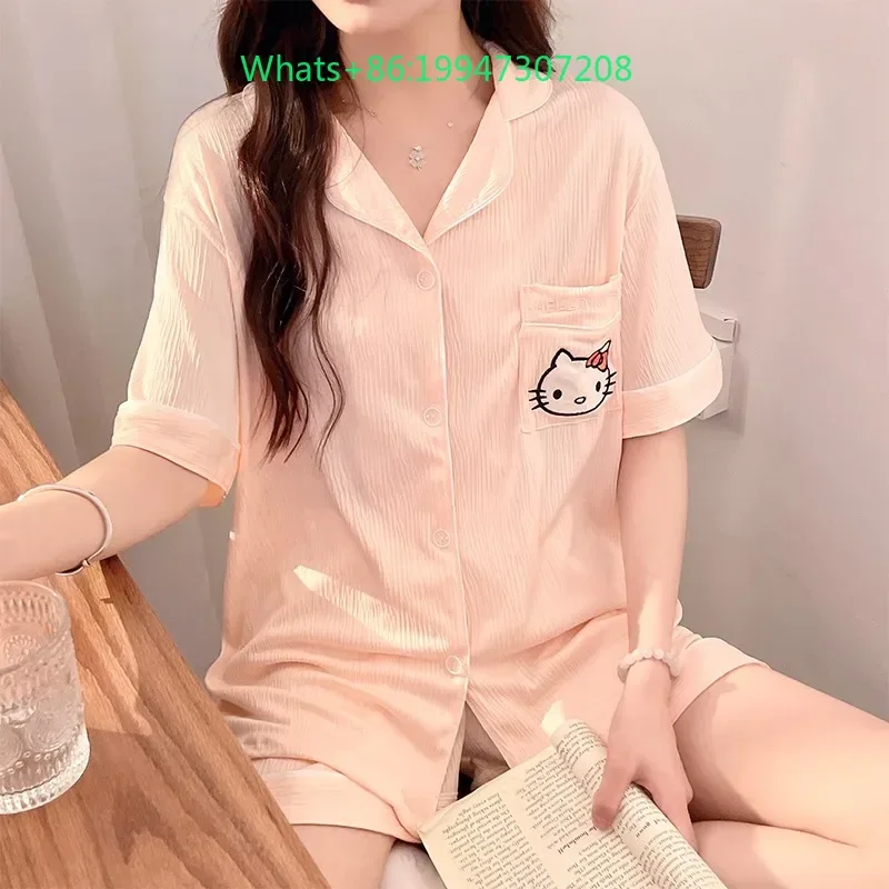 

Summer new short-sleeved shorts cartoon Hello Kitty cat wrinkled cotton cardigan lapel pajamas women's sweet loungewear