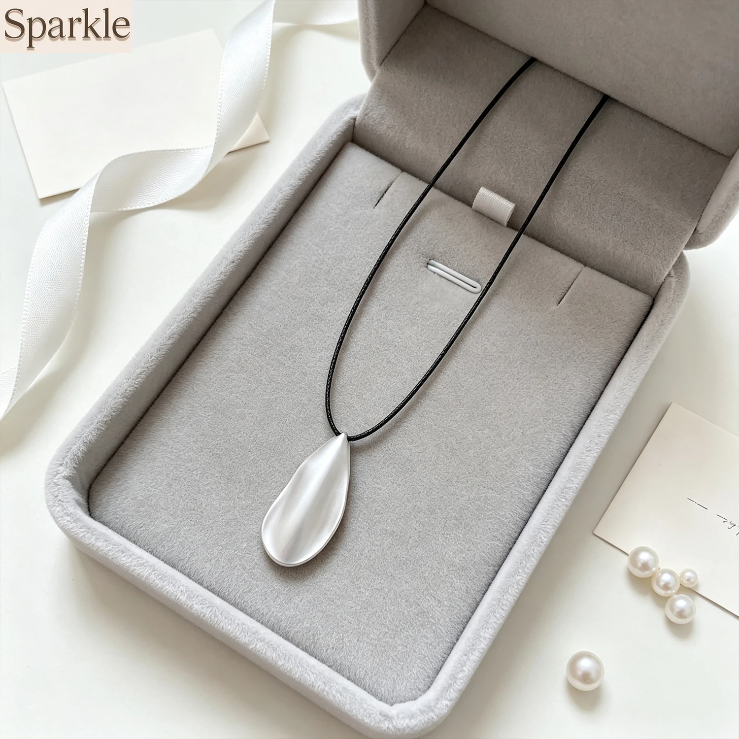Vintage Silver Water Drop Necklace with Adjustable Black Cord Abstract Irregular Pendant Daily Statement Jewelry Chain