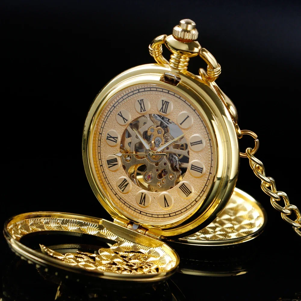 

Golden Red-Crowned Crane Sculpture Mechanical Pocket Watch Retro Hollow Case Simulated Skeleton Mens Mechanical Pocket Watch