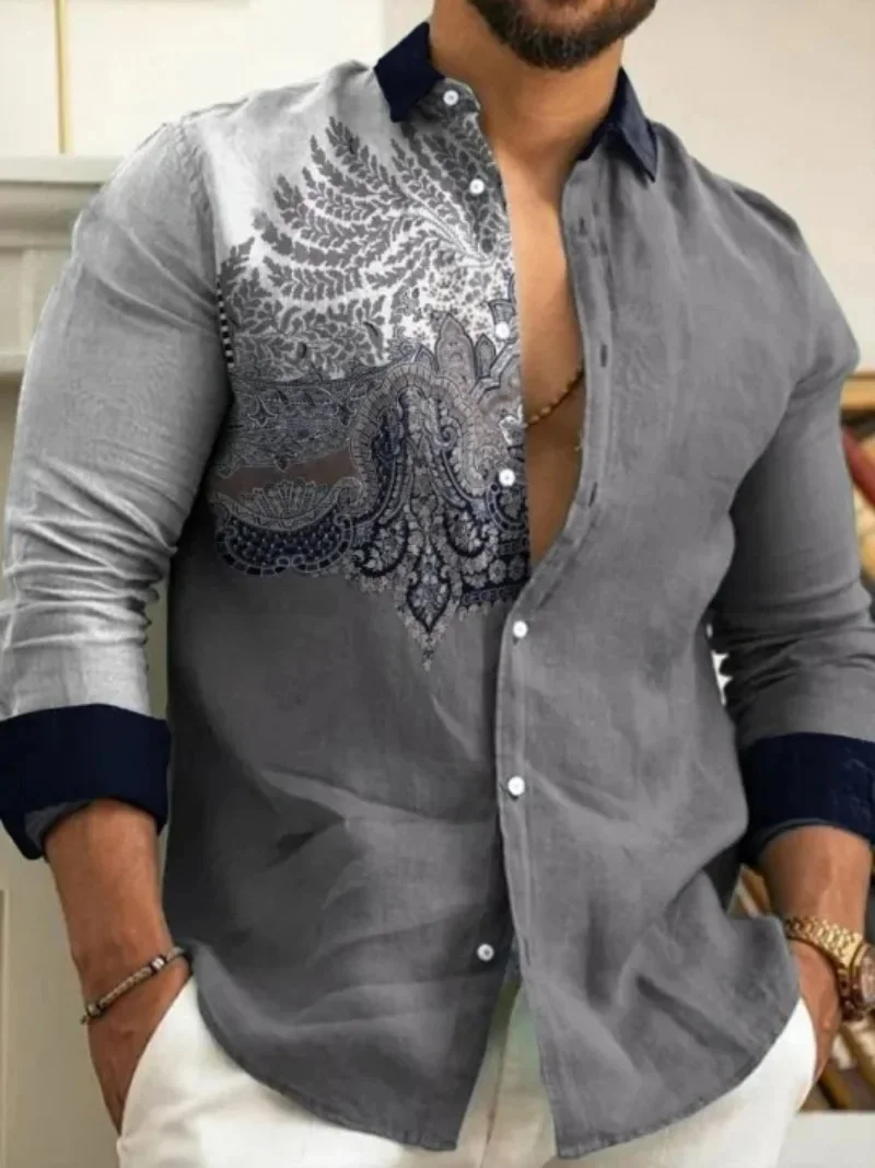 2025 秋の新メンズリネンファッションシャツプリント竹麻長袖シャツメンズストリートアロハシャツ