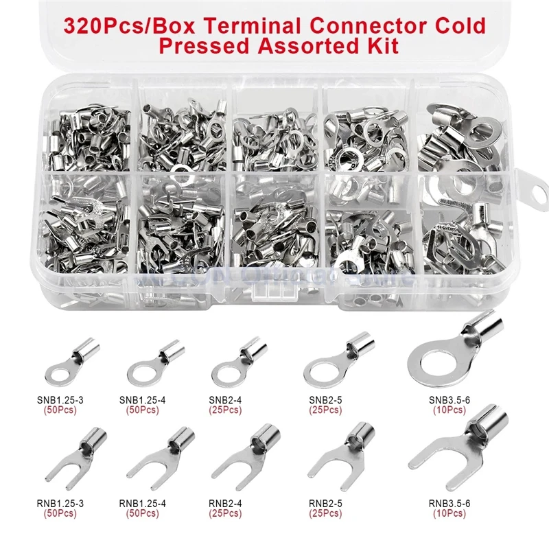 Conjunto de terminais e clipes sem pressão a frio, 10 em 1, OT, UT, Fork-Shaped, Round, 320Pcs