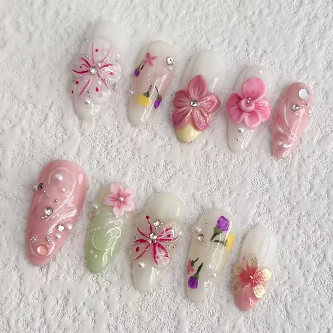 Nieuwe 2025, handgemaakte manicure, gepersonaliseerd ontwerp, 3D-reliëfstijl, nep-nagels, bloemstijl, pers op nagels, bezorgset