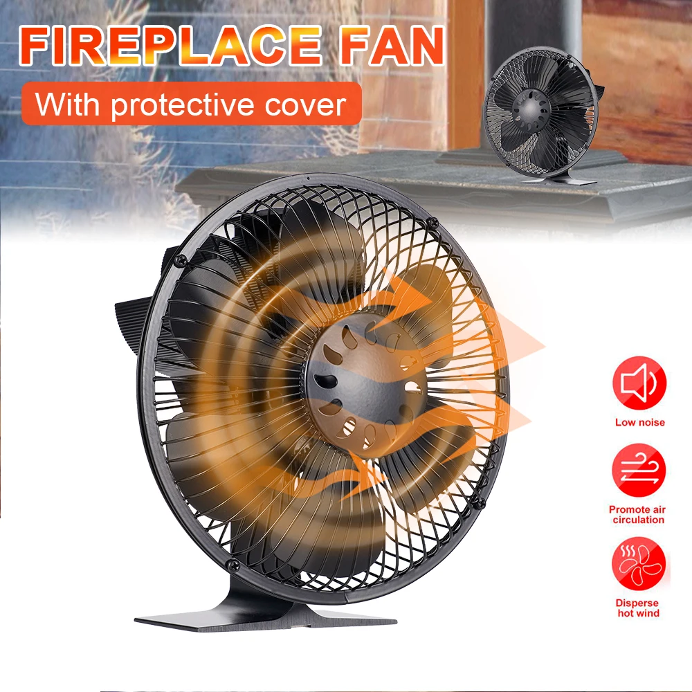 With Cover Stove Fan 6 Blades Fireplace Fan Heat Powered Log Wood Burner Eco Quiet Strong Wind Home Efficient Heat Distribution