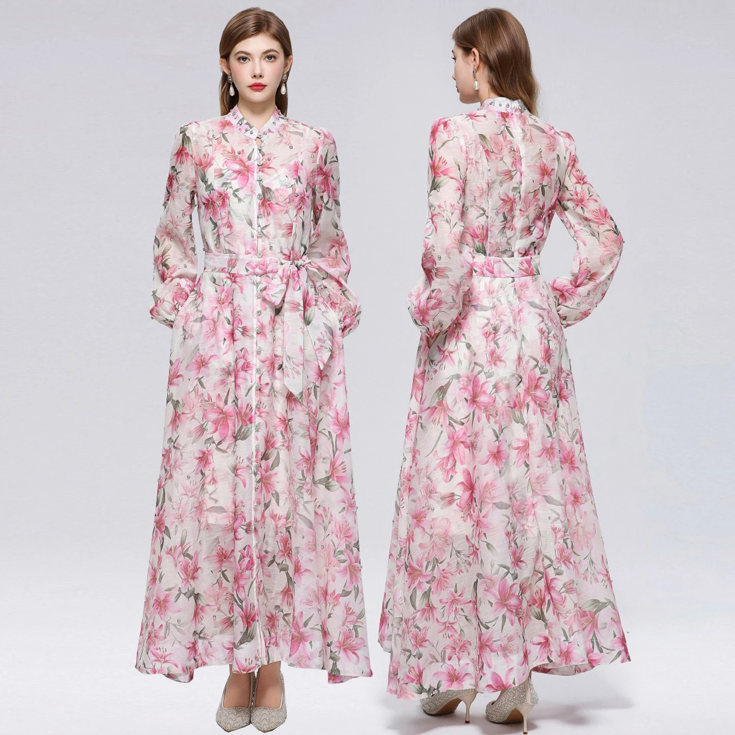 French Style Long Sleeve Floral Print Maxi Dress Elegant Celebrity Show Dress Holiday Vacation Photography Beautiful Countrys...