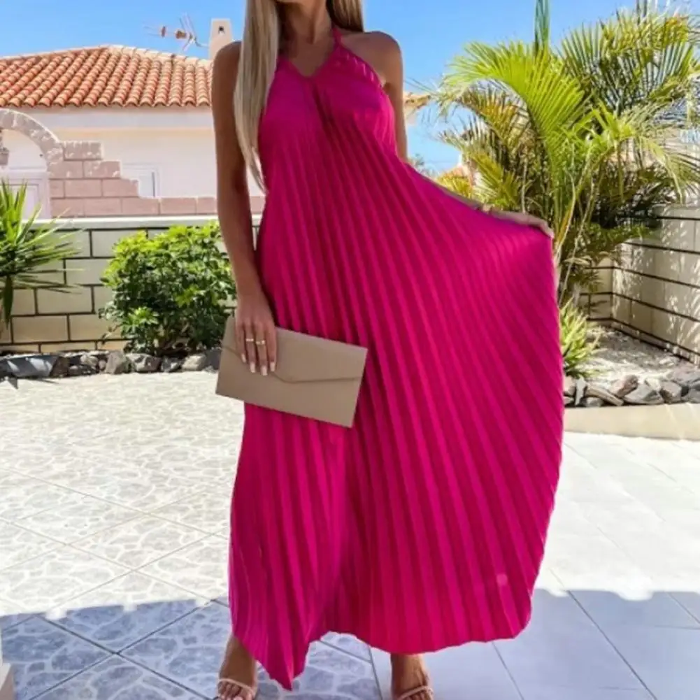 Seksowna Halter długa sukienka Off Shoulder Backless jednokolorowa sukienka Maxi elegancka prążkowana letnia plaża sukienka plisowana odzież damska