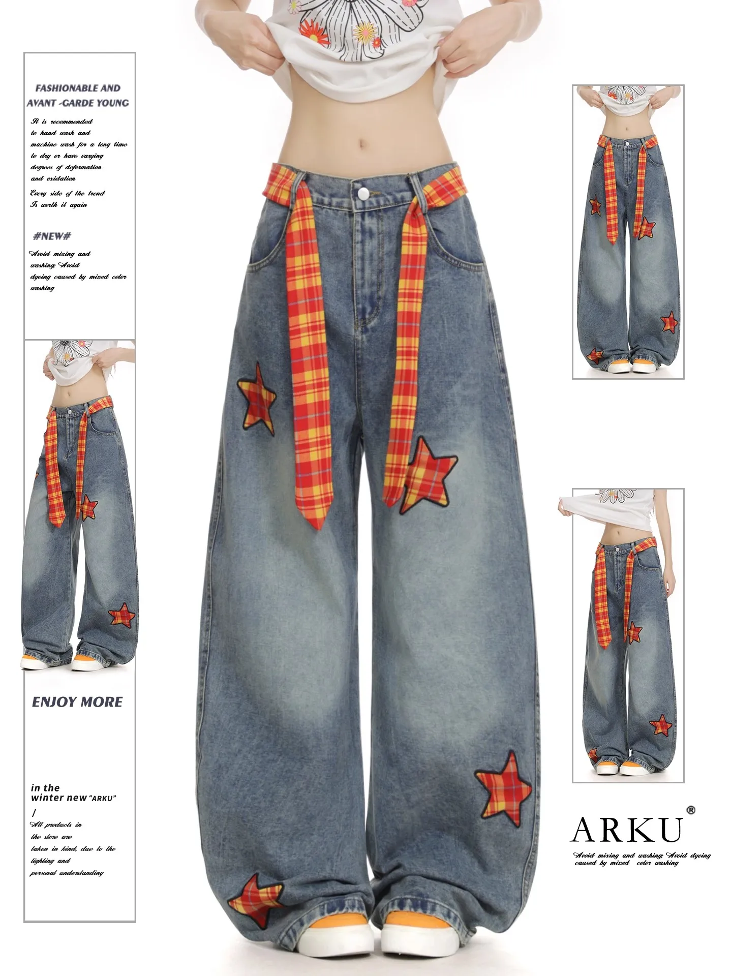 

Американские широкие джинсы в клетку с поясом, женские свободные повседневные джинсы с тонкой талией, джинсовые брюки с застежкой на пуговицы на талии