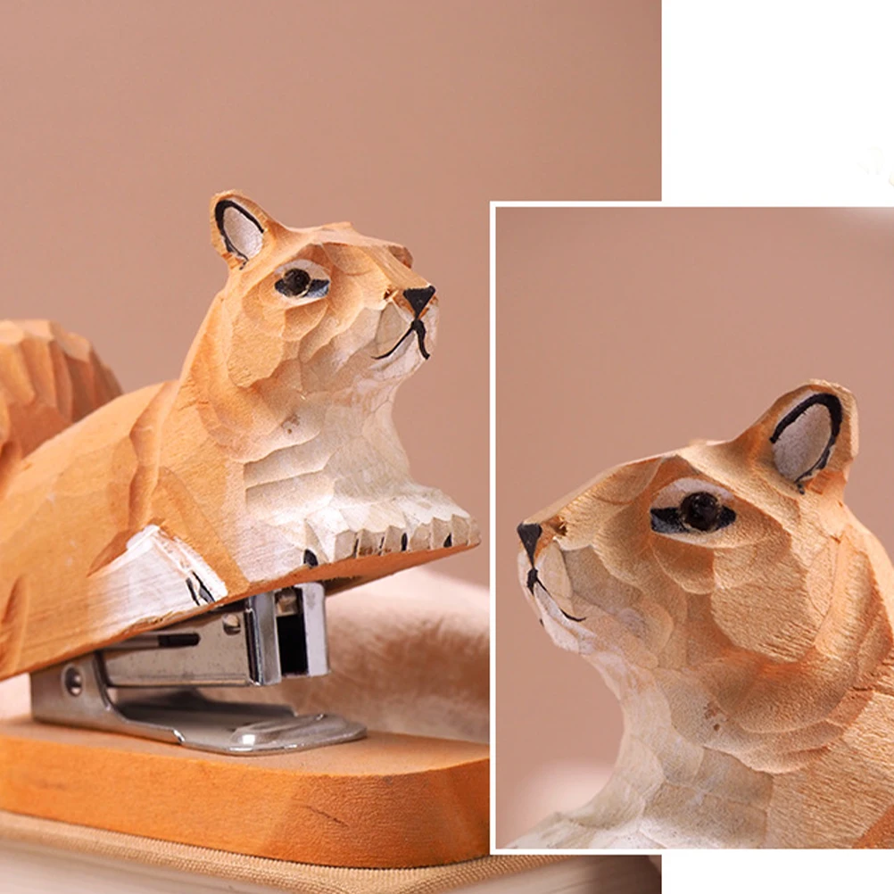 

Cute Squirrel Shape Wooden Animal Stapler Wood Carving Staplers For Desk Office Home School Stylish Practical Design