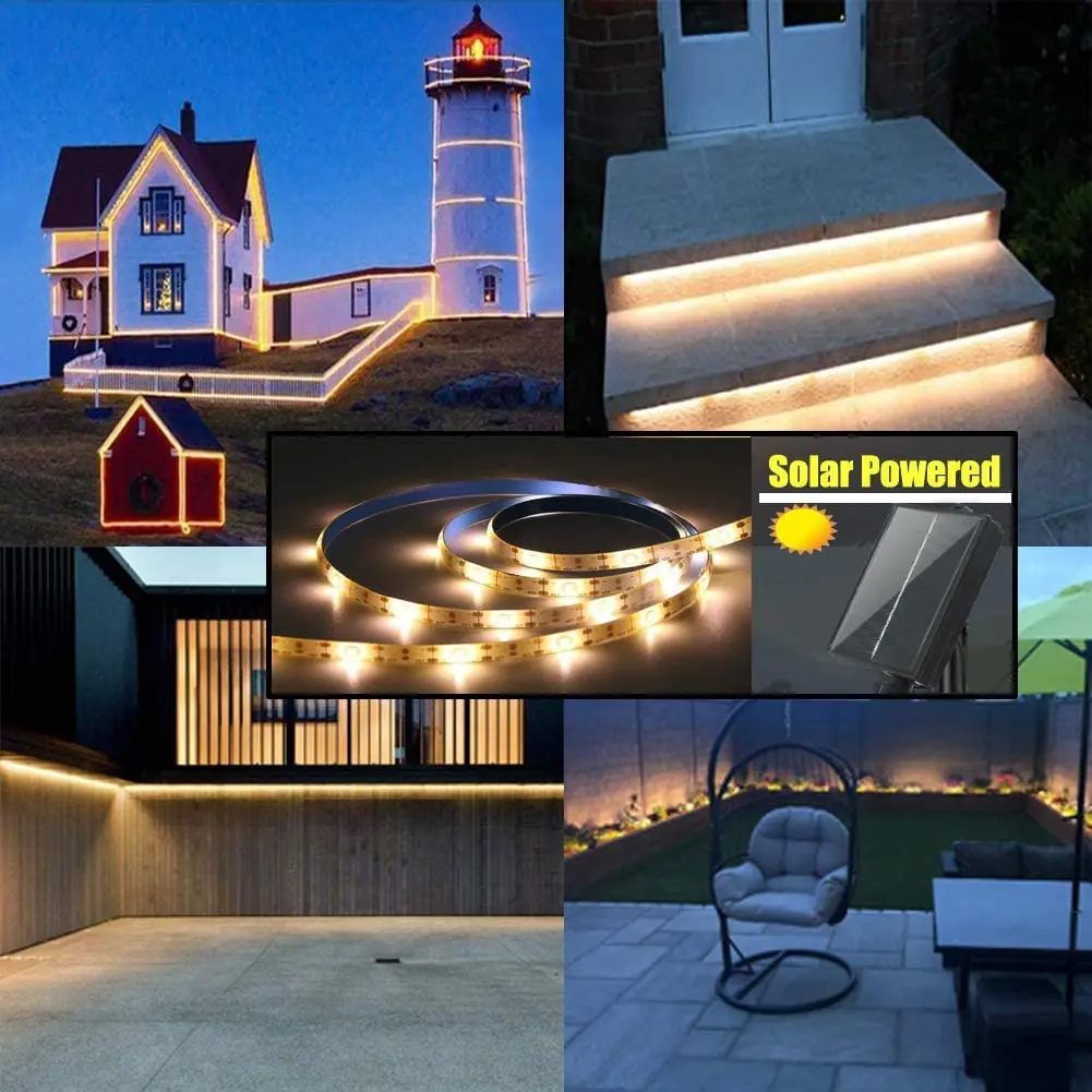 Tira de luces LED multicolor o blanco cálido con energía solar para exteriores, control remoto con 8 modos de iluminación, resistente al agua IP67 para jardín y casa