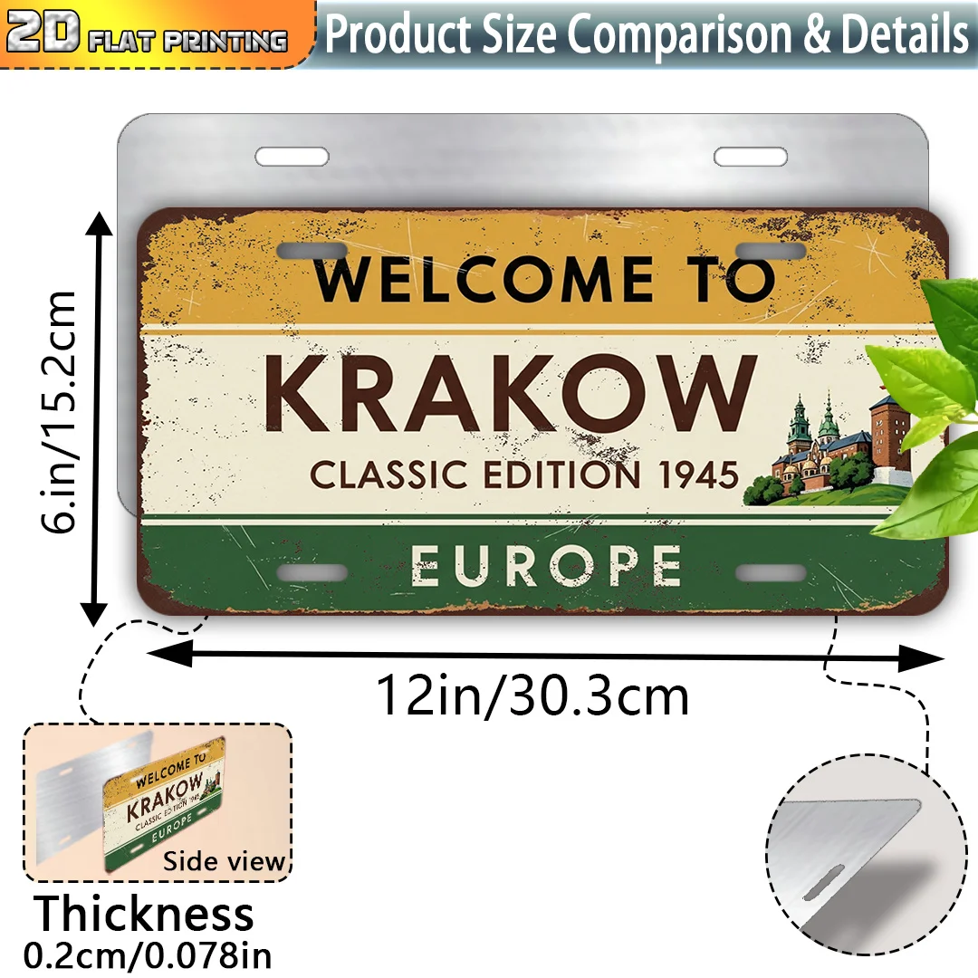 2D Flat, Vintage Krakow Poland Map & Flag Metal Sign - Heavy-Duty Aluminum 6