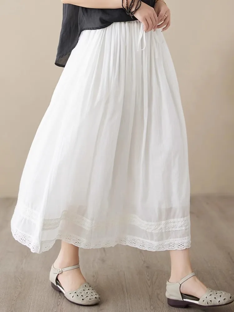 2025 New Summer Women Clothing Elastic Waist Casual Loose Pleated Skirts Breathable Embroidery A-Line Female Tutu Midi Skirts