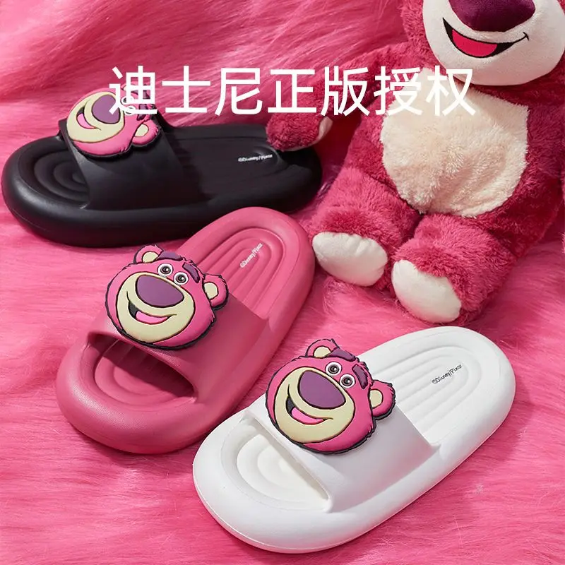 2024 new Lotso strawberry bear black white pink Sandals Slippers For Women's Summer Cute Outerwear Thick Home shoes