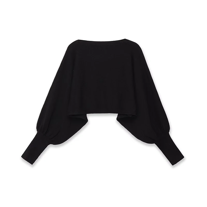 

YENKYE Vintage Puff Sleeve Black Knit Pullover Women Spring 2026 Oversize Crop Sweater