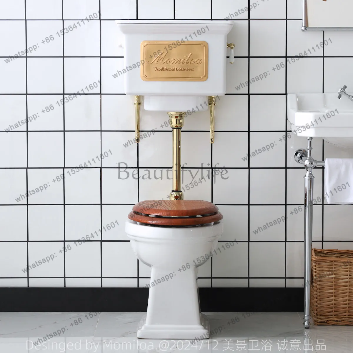 American medium water level retro toilet toilet household chestnut solid wood cover