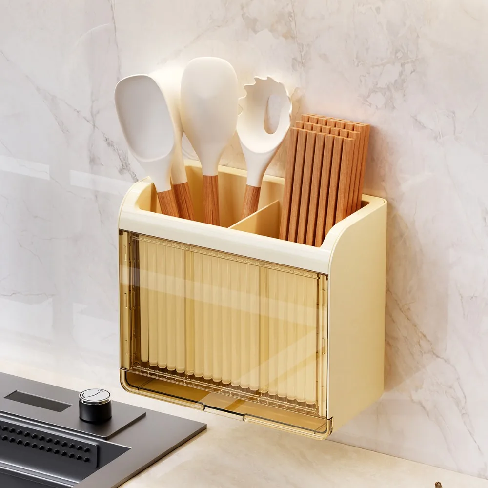 قفص عيدان تناول الطعام قابل للإزالة يُثبت على الحائط، حامل أدوات المطبخ موفر للمساحة مع صينية تصريف، حامل جيد