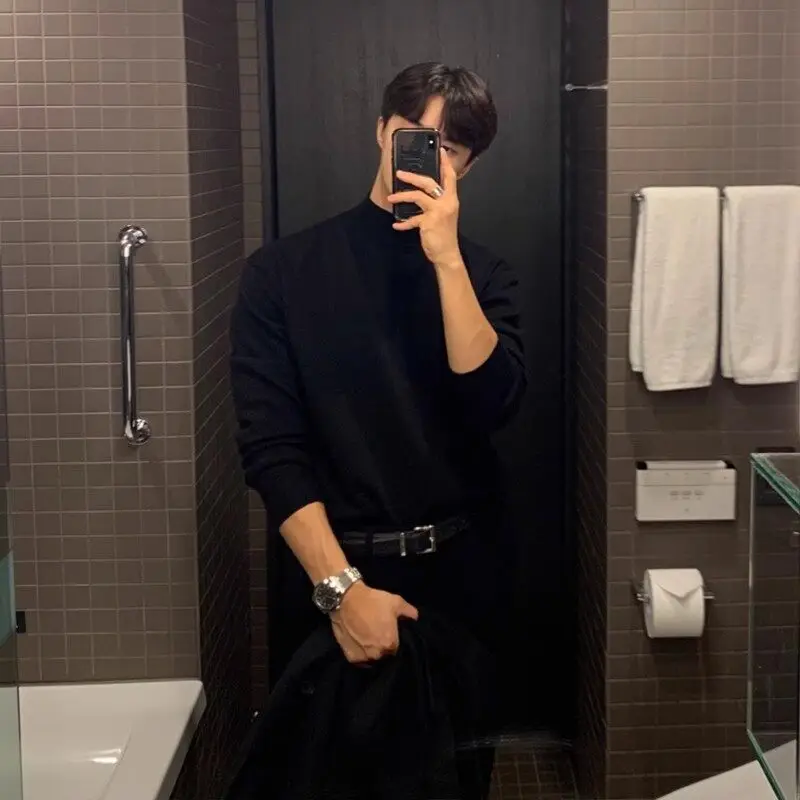 Autumn Stand Up Collar Sweater Men Slim Warm Black Knitted Pullover Men Korean Casual Long Sleeved Sweater Mens Jumper Clothes