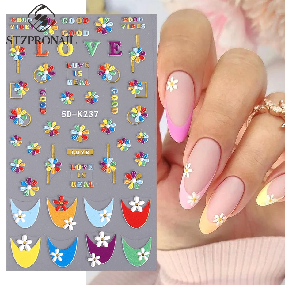 5D Daisy Nail Stickers Sunflower Flower Colorful Petal Heart French Line Elegant Charms Slider Nail Art Accessories Tools SL5D-K