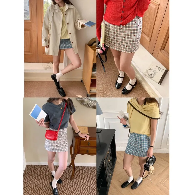 Girl's Dream Plaid Short Skirt Women Blue White Plaid Mini Skirt Heart Print High Waist Slim Fit Skirt Cute Style Skirt TJBR