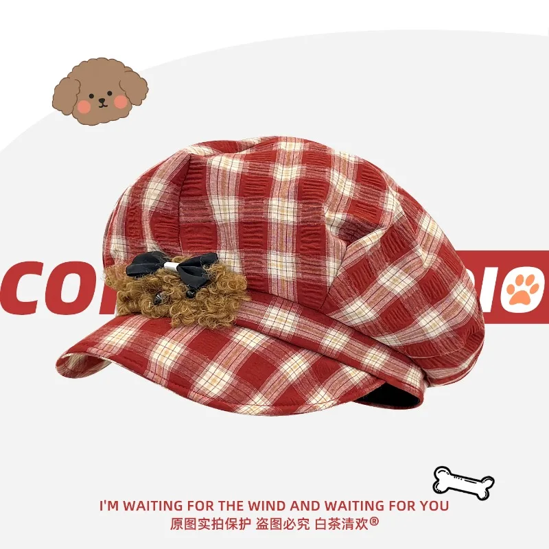 

New Cute Curly Teddy Dog Checked Octagonal Newsboy Caps Spring and Autumn Soft Brim Shade Literary Berets for Women's