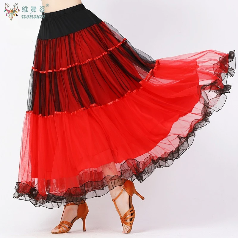 ผู้หญิง Flamenco โมเดิร์นห้องบอลรูมเต้นรํา Big Swing กระโปรงสังคมเต้นรําครึ่งกระโปรงประสิทธิภาพสแควร์ตาข่ายครึ่งฝึกชุดยาว