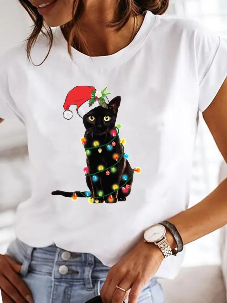 Cat Lovely Cartoon Women Fashion Christmas New Year Holiday Tee Clothes Clothing Print Lovely Short Sleeve T Female T-shirts