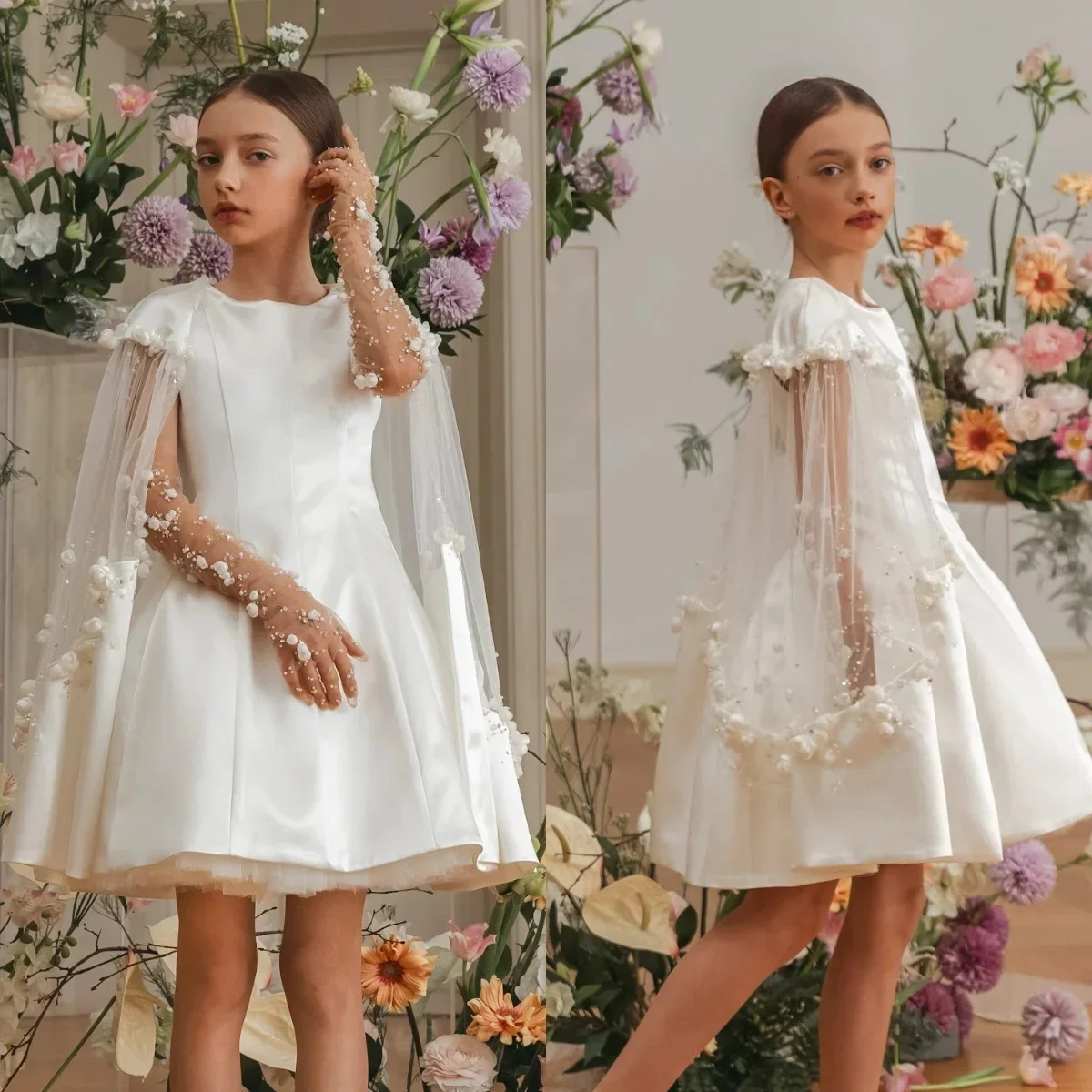 

Customized Gorgeous Flower Girl Dresses For Wedding Sequins Pearls Shawl Luxury Princess Quinceanera Party Bridesmaid Prom Gown