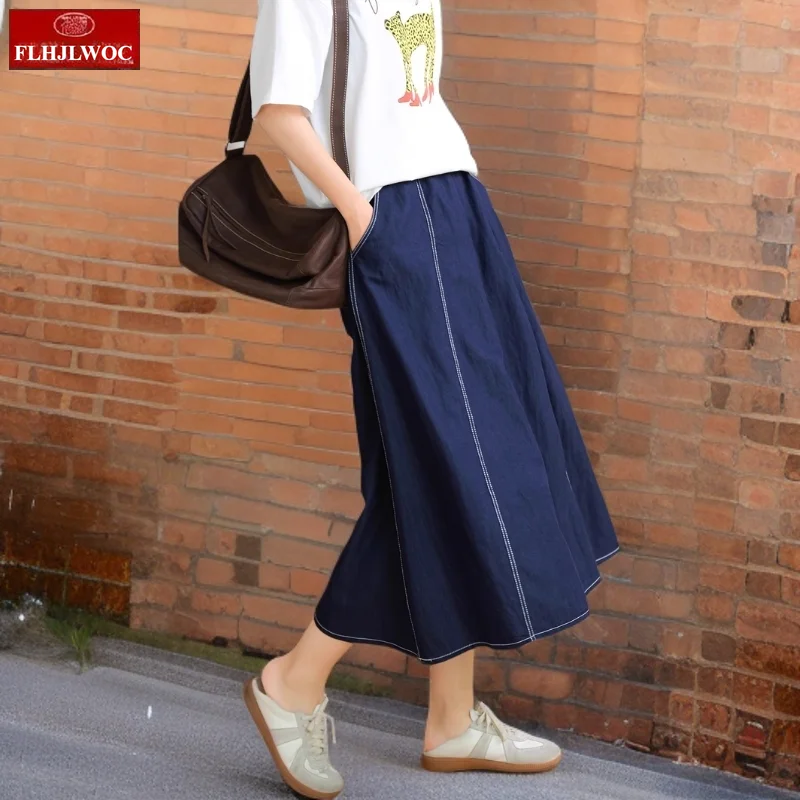 

Denim Skirts Long New Fashion 2025 Summer Casual Cute Girls Japan Style Solid Elastic Waist Navy Blue Retro Vintage Skirt