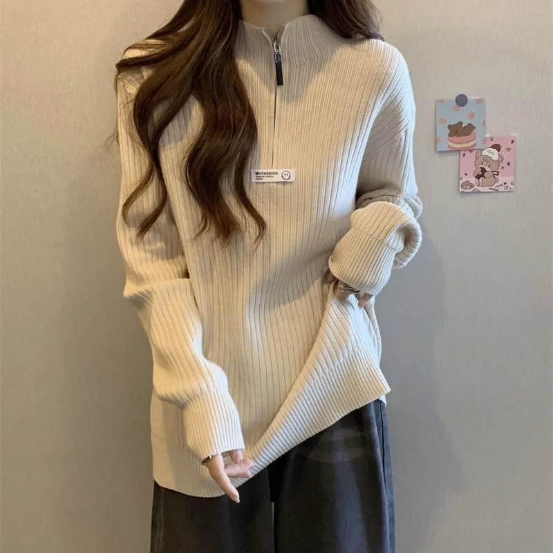 Plus Size Zipper Spring Autumn Pullovers 2024 New Long-sleeved Knit Tops Loose Slim Lazy Wind Sweater Bottoming Shirt Knitwear
