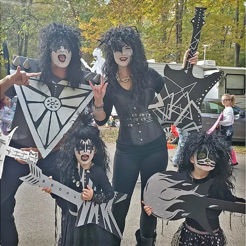 Włosy syntetyczne śmieszne Halloween peruka do Cosplay mężczyzn kobiet 70 lat 80. Długie kręcone czarny Rocker kostium peruka