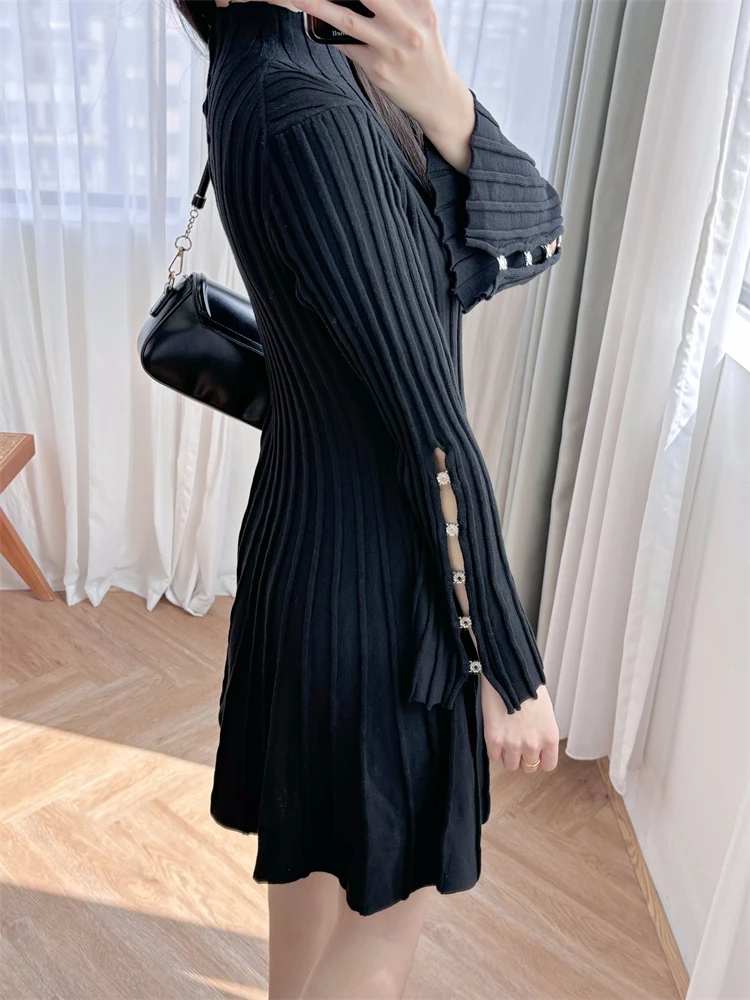 New 2024 High Quality Women Rib Knit Short Dress Stand Collar A-Line Solid Sequin High Street Elegant Design Trendy Stylish M