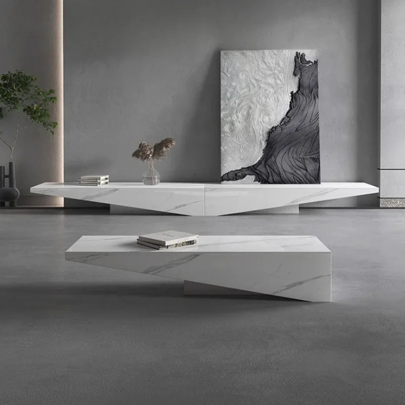 

Italian minimalist rock slab floor, Nordic villa living room personalized floor-to-ceiling TV cabinet, coffee table combination