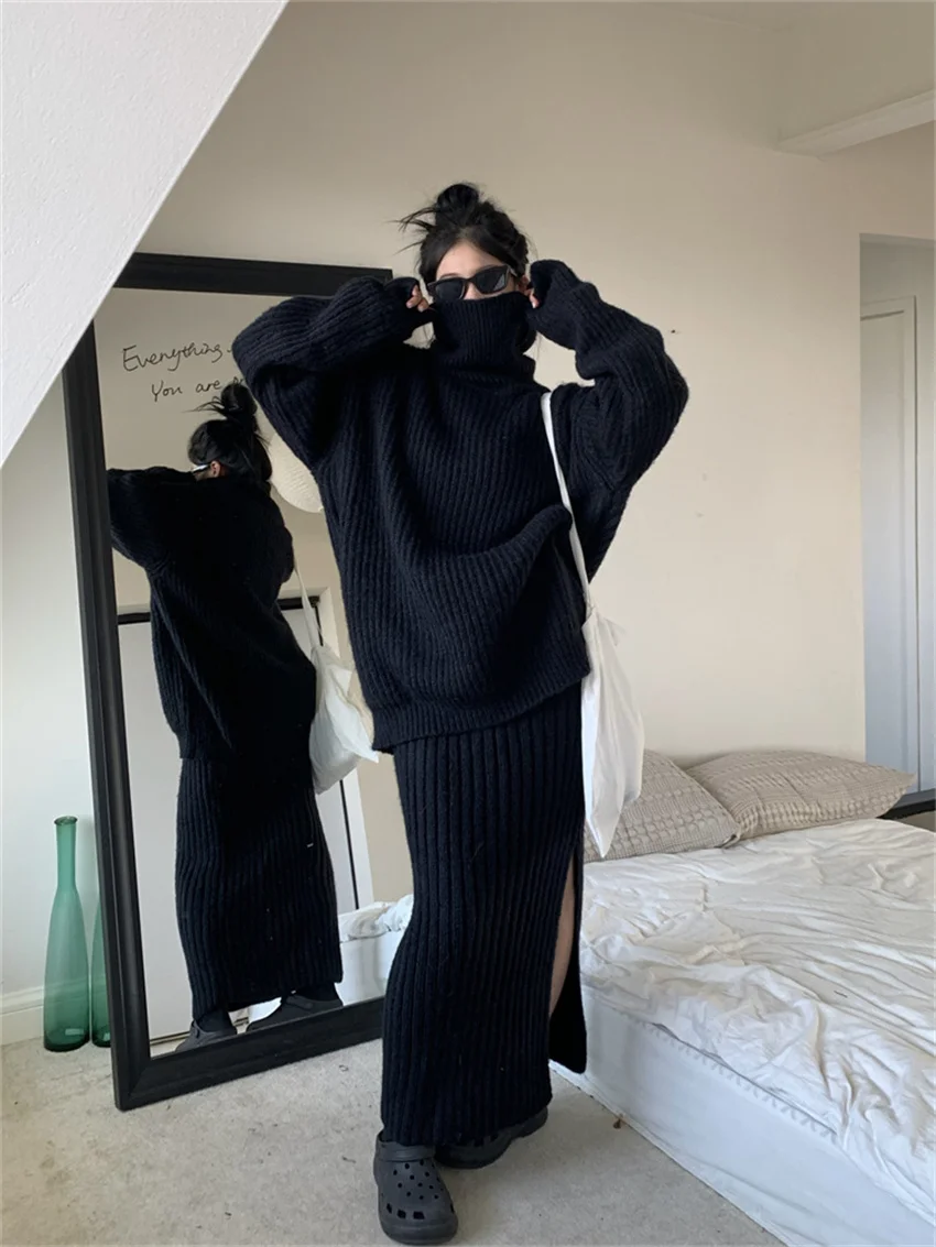 Alien Kitty Winter Knitwear Two Pieces Suits Turtleneck Warm Pullovers Sweaters Split Chic OL Slim Straight Long Skirts Sets