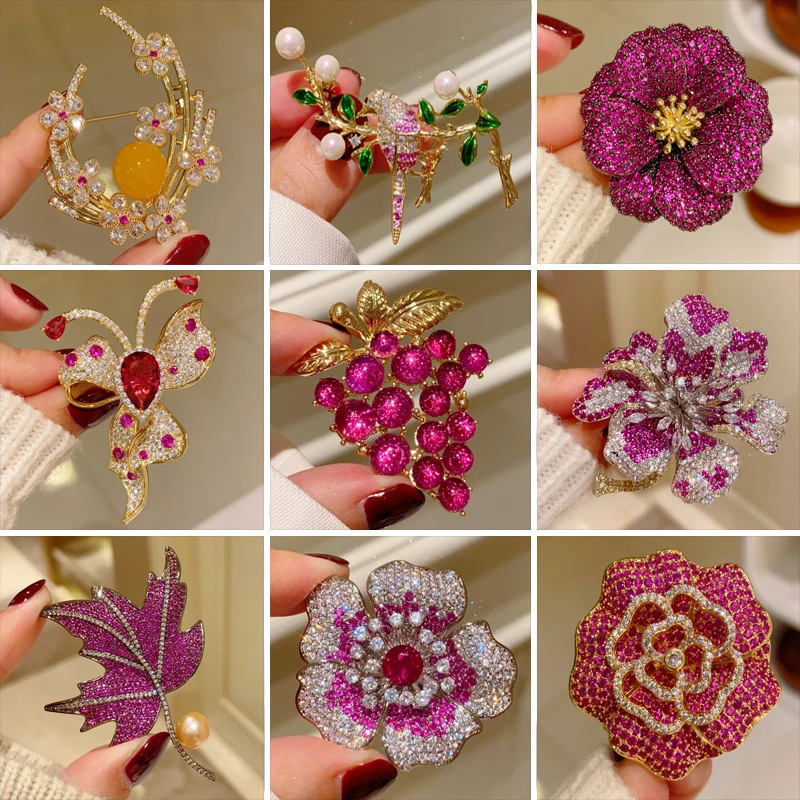 OKILY Luxury Zircon Colored Camellia Brooches Elegant Bouquet  Maple Leaf Butterfly Grape Broche for Women's Cheongsam Suit Pins