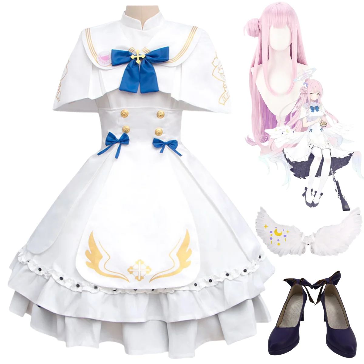 Game Blue Archive Misono Mika Cosplay Costume Wig White Wedding Dress Princess Skirt Wing Shoes Woman Sexy Carnival Party Suit