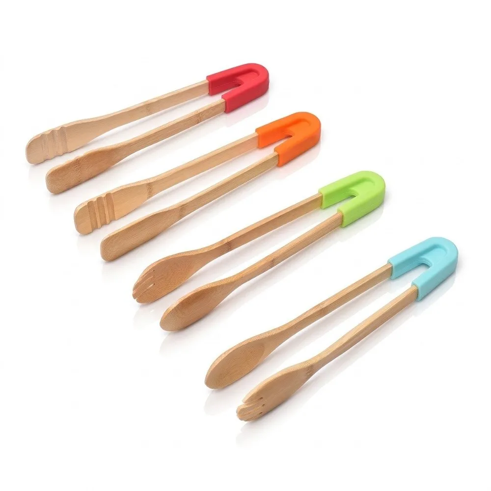 Bamboo Food Tongs Silicone Connector Handheld Style Salad Serving Tong Multi Color Option Spoon Fork Head Bread Clip