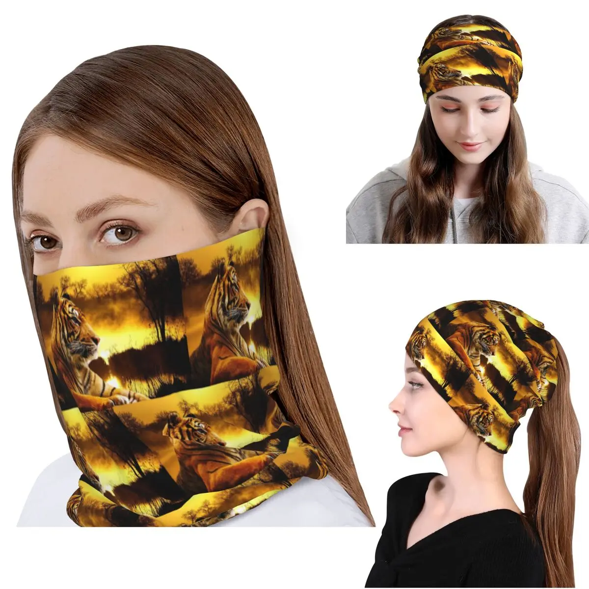 Tiger And Sunset Bandana Neck Gaiter Face Scarf Warm Headwear Beanies Hat for Men Women Adult Winter