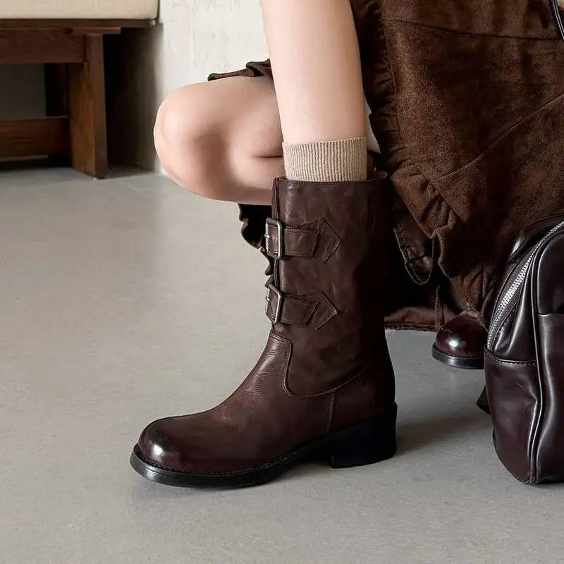 Botines de Piel Vacuna Nuevos 2026 con Punta Redonda, Tacón Grueso de 3-5CM, Forro de Piel de Cerdo, Suela de Goma, Botines Cortos de Moda en Negro y Marrón, Talla G476