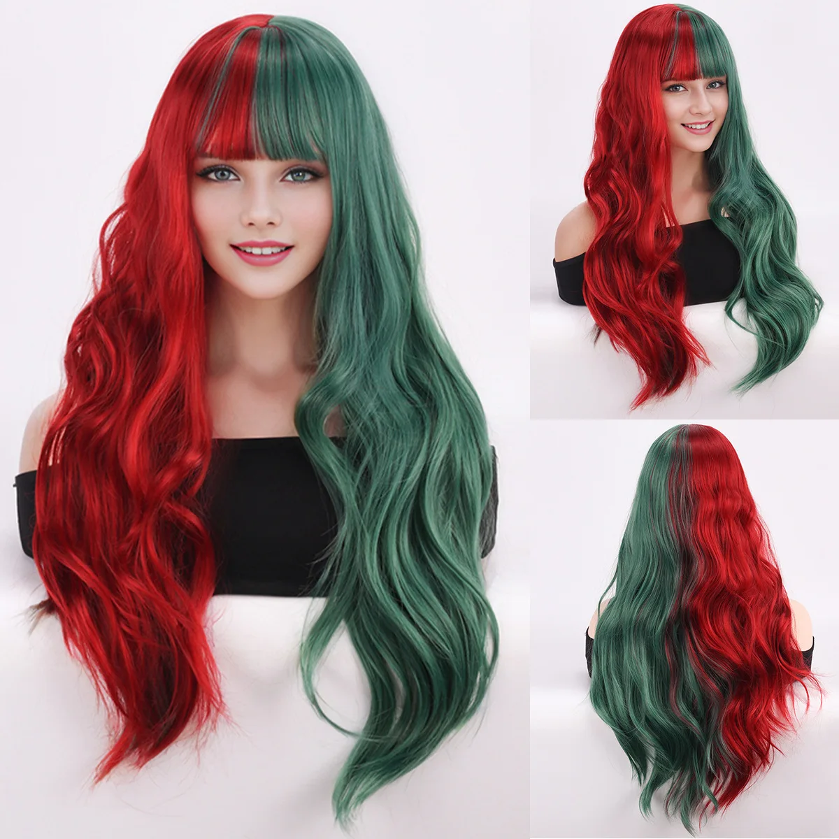 Peluca navideña roja y verde para mujer, pelo largo y rizado ondulado sintético con flequillo, pelo largo, viene con pinzas navideñas como regalo