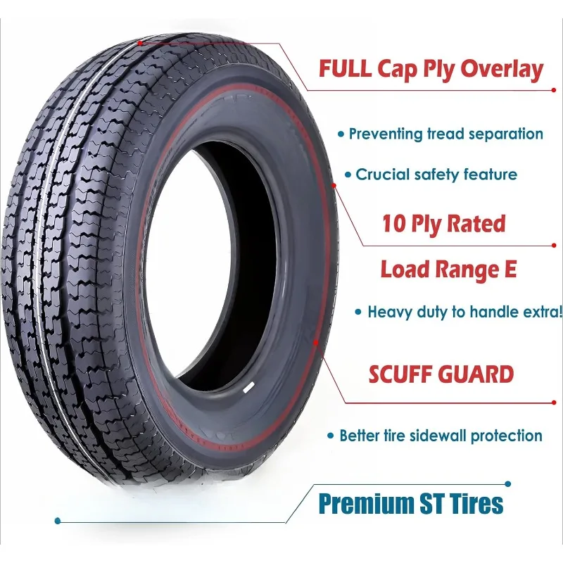 home.Set 4  Trailer Tires ST225/75R15 10 Ply Load Range E Steel Belted Radial w/Featured Scuff Guard 8mm Tread Depth